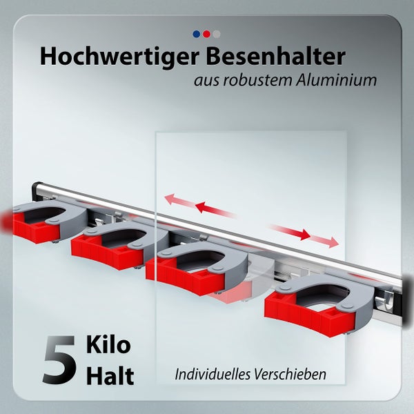 GARLAVIE Besenhalterung Wand selbstklebend 4 Halter und 5 Haken - Gerätehalter für Besen, Gartengeräte und Küche - Besenhalter ohne Bohren - Halterung Organizer für Garten und Haushalt 1x