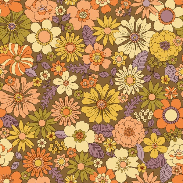 Nahtloses Muster mit Retro-Blumen auf braunem Hintergrund.