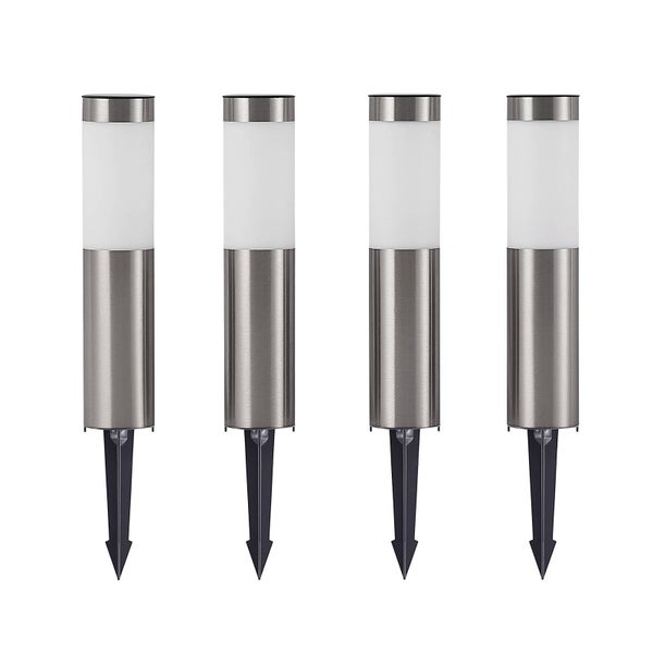 Vierer-Set Solar-Gartenleuchten aus Edelstahl mit weißem Kunststoffdiffusor und schwarzem Erdspieß.