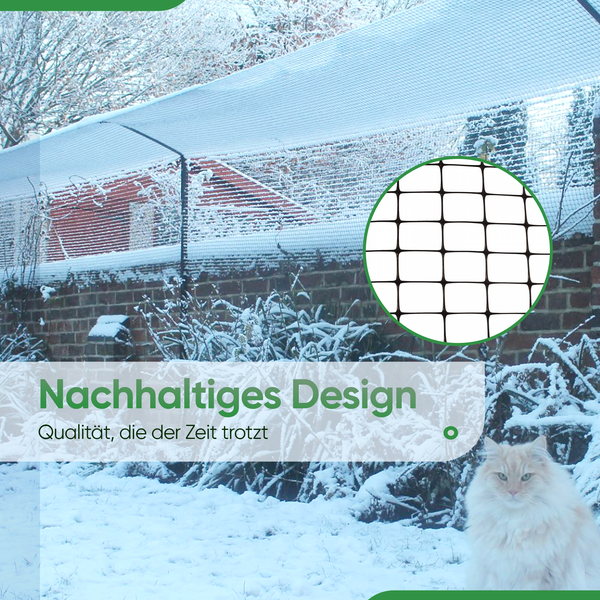 Katzennetz über einem verschneiten Garten mit einer Mauer und einer Katze, inklusive einer Detailansicht der Netzstruktur.