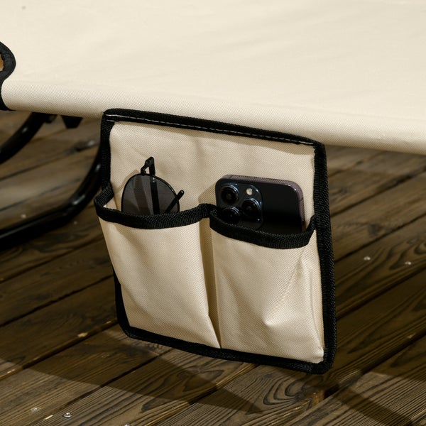 Seitentasche für Gartenliegen aus beigem Textil mit zwei Fächern für Mobiltelefon und Sonnenbrille.