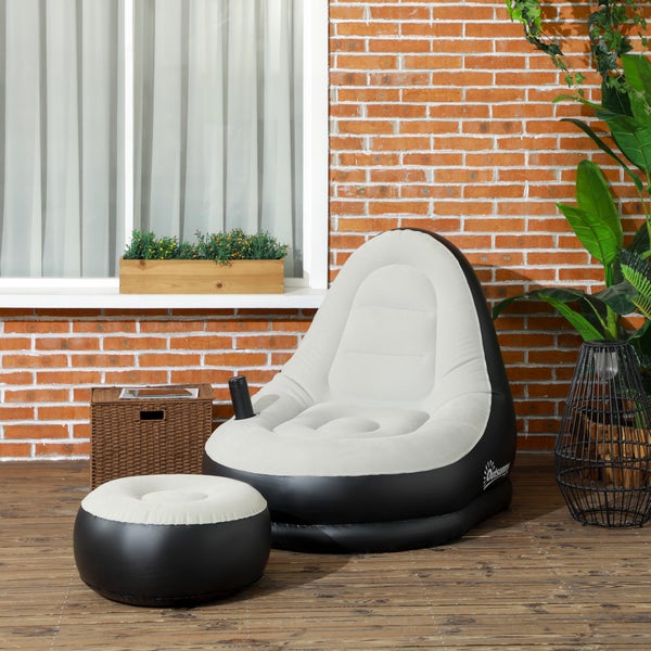 Outsunny Aufblasbares Sofa, Aufblasbarer Sessel mit Fußhocker Luftsofa mit Becherhalter, für Camping, Zuhause, Hellgrau, 125 x 100 x 87 cm