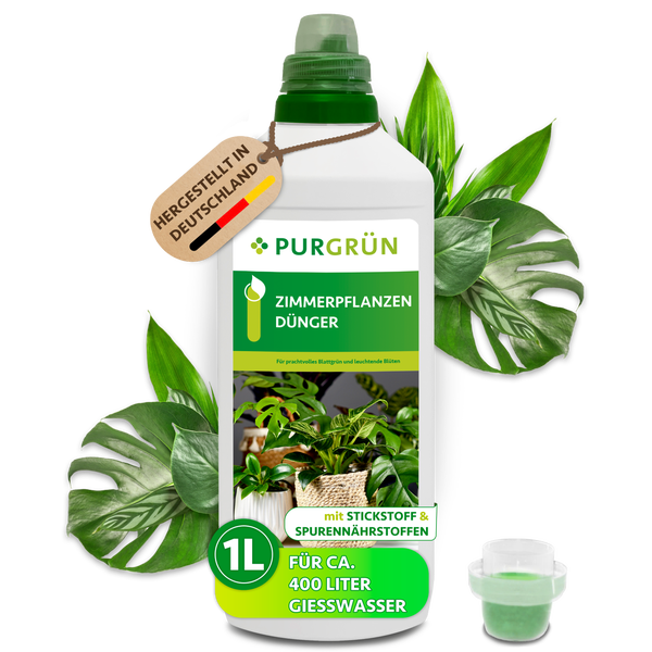 Purgrün Zimmerpflanzendünger in 1 Liter Flasche, Flüssigdünger mit Stickstoff und Spurennährstoffen für circa 400 Liter Gießwasser.