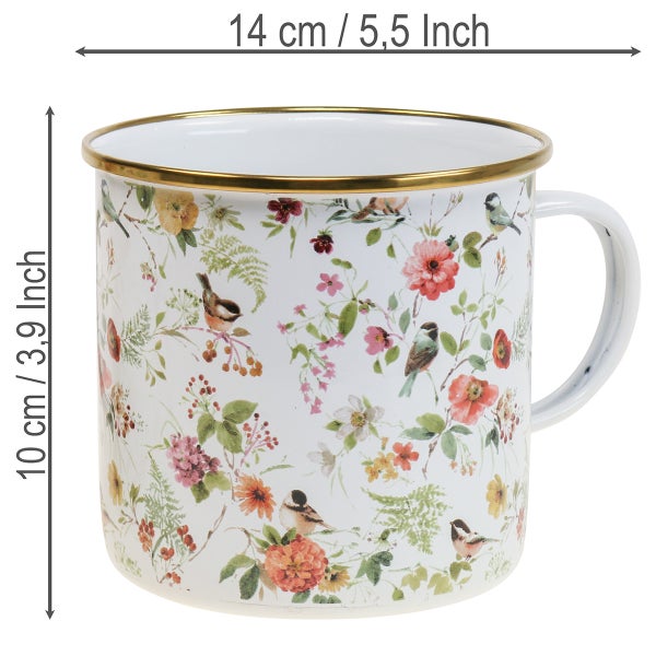 Emaillebecher mit Blumen und Vogelmotiv, Goldrand, Höhe 10 Zentimeter, Breite 14 Zentimeter.