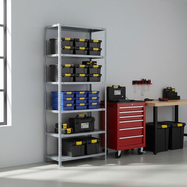 Organisierte Werkstatt mit Metallregal, blauen und schwarzen Lagerboxen, rotem Werkstattwagen und einer Werkbank aus Holz.