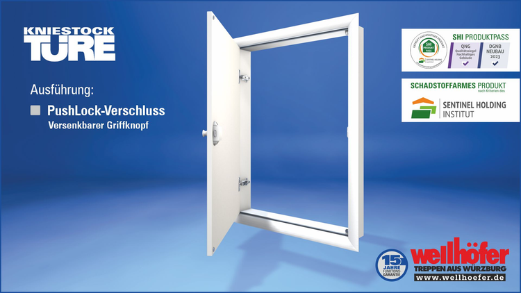 Kniestocktür von Wellhöfer mit PushLock Verschluss und versenkbarem Griffknopf inklusive SHI Produktpass und 15 Jahren Funktionsgarantie.