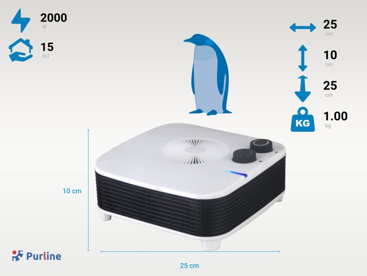 Purline Heizlüfter mit den Maßen 25 x 25 x 10 cm und einem Gewicht von 1,00 kg