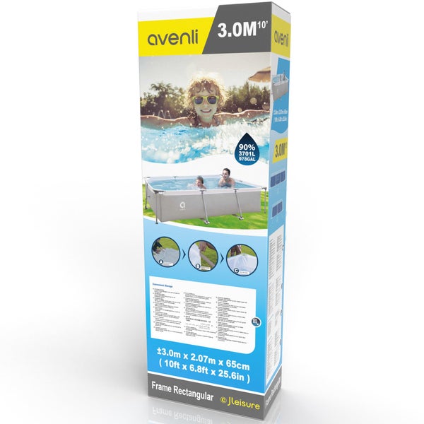Avenli rechteckiger Rahmenpool in der Verpackung, Maße 3,0 Meter mal 2,07 Meter mal 65 Zentimeter, Fassungsvermögen 3701 Liter.