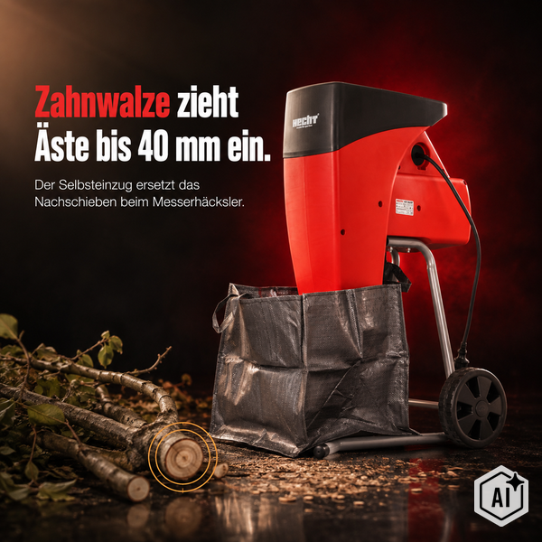 Hecht Walzenhäcksler mit Zahnwalze für Äste bis 40 Millimeter Durchmesser und Auffangsack für Gartenabfälle.