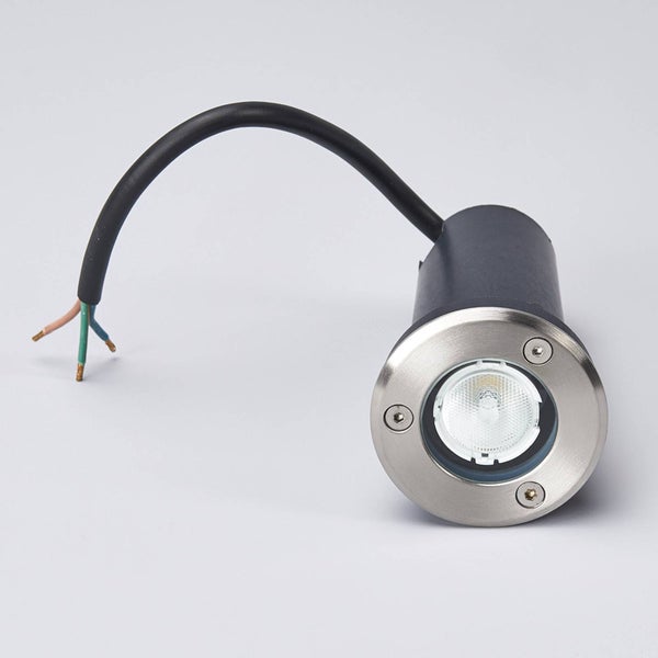 LED-Bodeneinbaustrahler mit Edelstahl-Frontring und schwarzem Gehäuse inklusive Anschlusskabel.