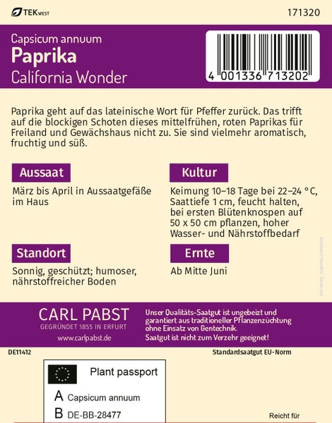 Rückseite der Saatgutpackung Paprika California Wonder von Carl Pabst mit Anbauhinweisen zu Aussaat, Kultur, Standort und Ernte.