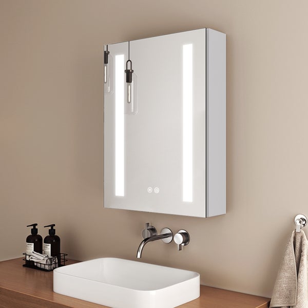 EMKE Badspiegelschrank mit LED Beleuchtung, 50x70x14,5 cm, beschlagfrei, Touchschalter, 3 Lichtfarben, Badspiegel mit Ablage, Spiegelschrank mit Steckdose und USB Anschlüsse