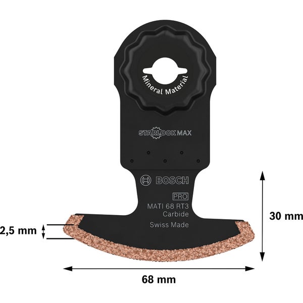 Bosch Logo Starlock Max Carbide Sägeblatt zum Schneiden von Mineralien, 68 mm breit und 30 mm hoch.