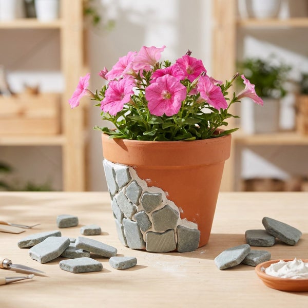 Terrakotta Pflanztopf dekoriert mit Steinmosaik und blühender Pflanze auf einem Holztisch mit Bastelmaterialien.