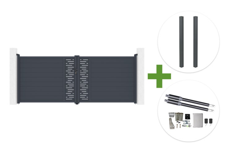Doppelflügeltor Set inklusive zwei Pfosten und elektrischem Torantrieb mit zwei Fernbedienungen.