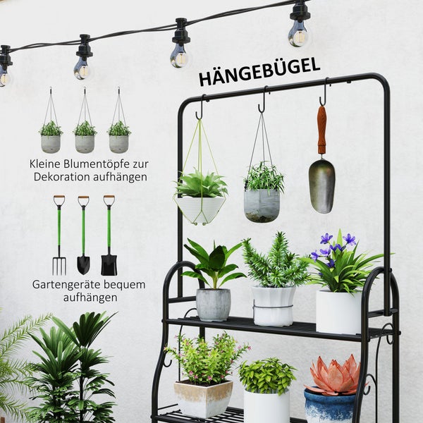 Outsunny 3-Etagen Pflanzenständer mit Hängestange, Haken, Blumenständer für Innen, Pflanzenregal aus Metall, mehrstöckig Blumenregal, 137cm hoch Blumentreppe für Wohnzimmer, Garten Balkon, Schwarz