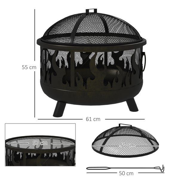 Outsunny Feuerschale Ø61 x 55cm aus Metall Feuerstelle mit Funkenschutz Schürhaken Grillrost Feuerschalen für Garten, Balkon Terrasse, BBQ Camping Schwarz