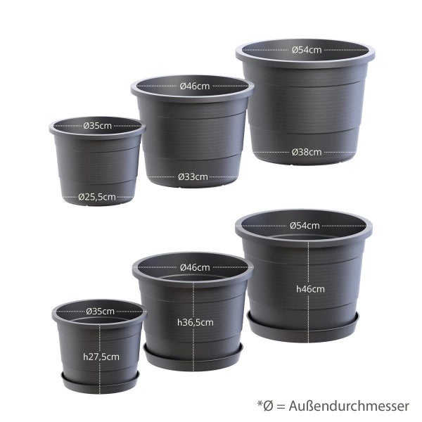 Plastard Blumentopf Terra Ø 54 cm Anthrazit, wetterfester Pflanzkübel, Pflanztopf, Blumenkübel, Übertopf für Innen & Außen aus Kunststoff mit Überlauf