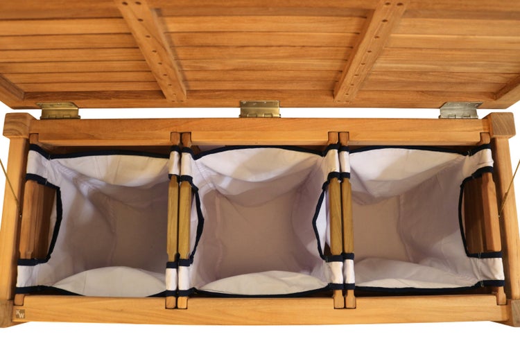 Wäschetruhe aus Teakholz mit drei Fächern und herausnehmbaren Wäschesäcken