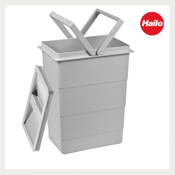 Hailo Logo. Grauer Abfalleimer aus Kunststoff mit zwei Tragegriffen und separatem Deckel.