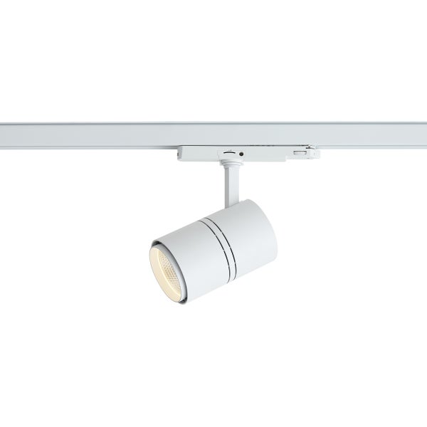 LED-Schienenstrahler in Weiß an einer Montageschiene für flexible Innenbeleuchtung.