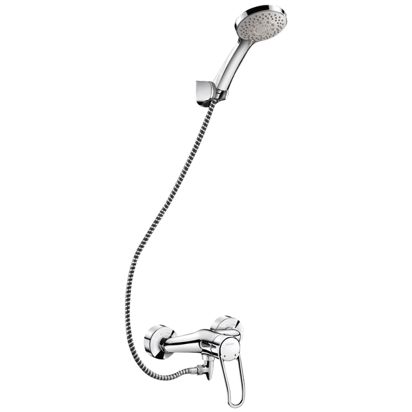 Duscharmatur-Set verchromt mit Einhebelmischer, Brauseschlauch, Handbrause und Wandhalterung.