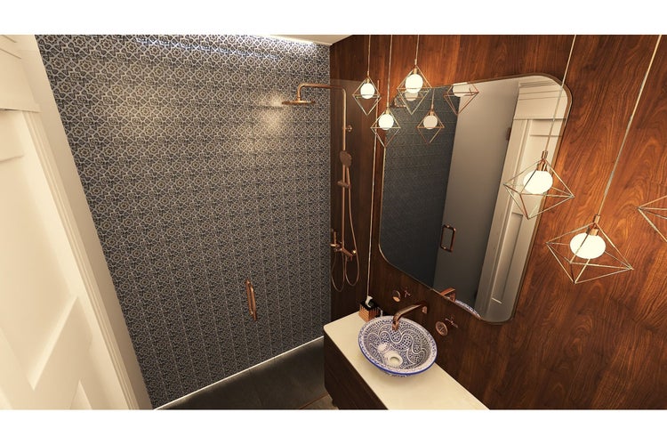 Helles Badezimmer mit Dusche, Waschtisch mit Aufsatzwaschbecken und geometrischen Pendelleuchten