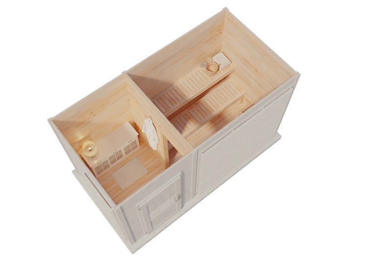 Draufsicht auf ein Saunahaus aus hellem Holz mit Vorraum und Saunabereich inklusive Holzbänken und kleinem Schrank.