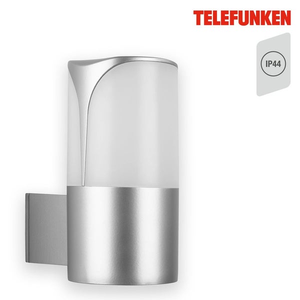 Telefunken Außenwandleuchte in Silber und Weiß, Schutzklasse IP44, Telefunken Logo.