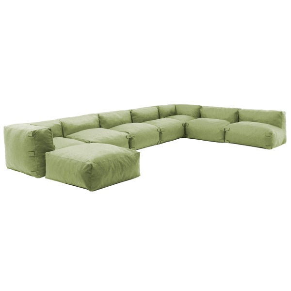Modulares Gartensofa in U-Form aus hellgrünem Textilgewebe.