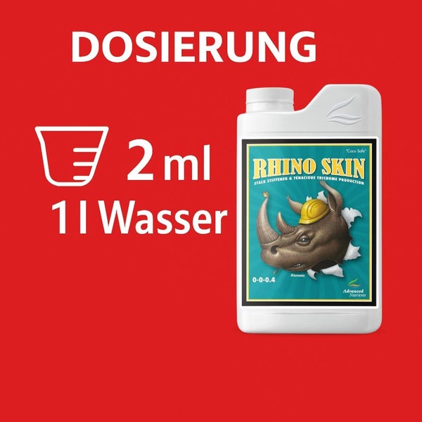 Dosierung für Advanced Nutrients Rhino Skin: 2 Milliliter auf 1 Liter Wasser.