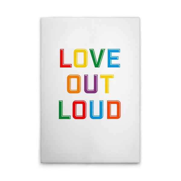 Dekorative Leinwand mit dem Aufdruck 'Love Out Loud' in Regenbogenfarben