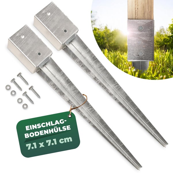 Einschlag-Bodenhülse aus verzinktem Stahl für Holzpfosten, 7,1 mal 7,1 Zentimeter, inklusive Schrauben und Unterlegscheiben.