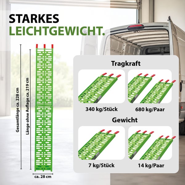 Auffahrrampe mit technischer Zeichnung, Maßen und Tragkraftangaben vor einem Lieferwagen.