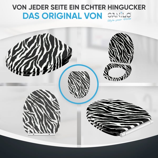 Sanilo WC-Sitz mit Zebra-Muster aus verschiedenen Winkeln: geschlossen, geöffnet, Draufsicht und Unterseite. Sanilo Logo.