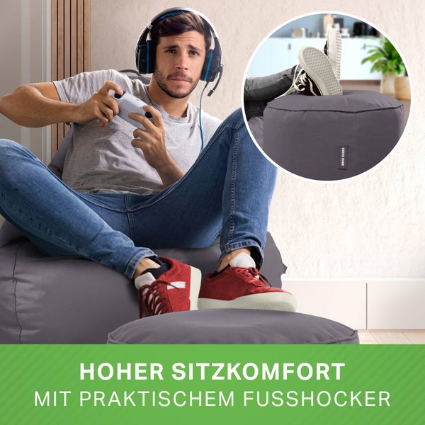 Green Bean 2er Set Sitzsack + Hocker - fertig befüllt - robust waschbar schmutzabweisend - Kinder & Erwachsene Bean Bag Bodenkissen Lounge Sitzhocker Relax-Sessel Gamer Gamingstuhl Pouf - Anthrazit