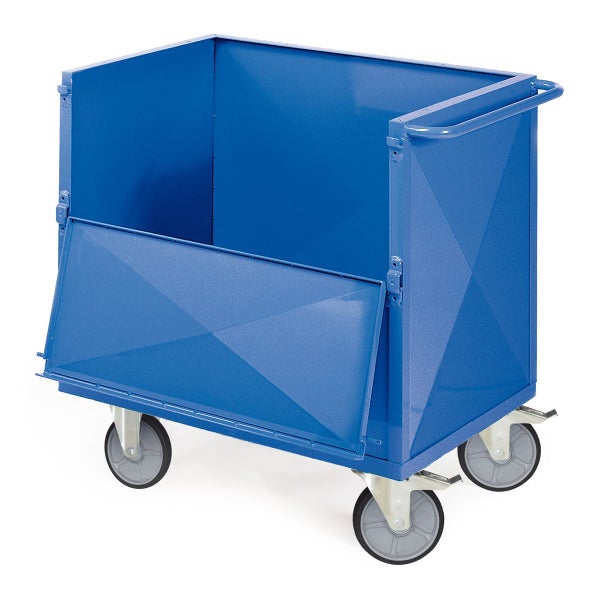 Blauer Transportwagen mit Rollen und abklappbarer Seitenwand