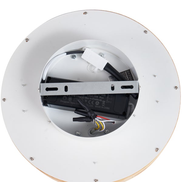 Innenansicht einer runden Deckenleuchte mit Verkabelung und Elektronikkomponenten