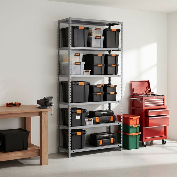 Hell eingerichtete, organisierte Werkstatt mit grauem Metallregal, diversen Aufbewahrungsboxen, hölzerner Werkbank mit Schraubstock und rotem Werkzeugwagen.