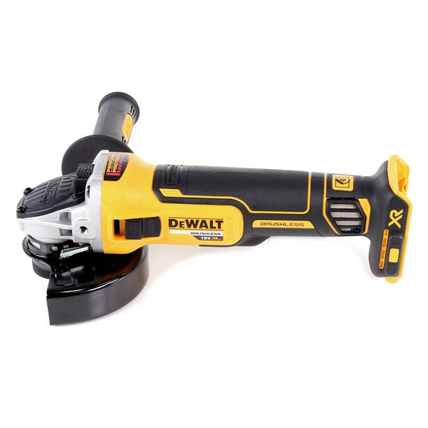 DeWalt Akku-Winkelschleifer mit bürstenlosem Motor, Zusatzhandgriff und Schutzhaube.