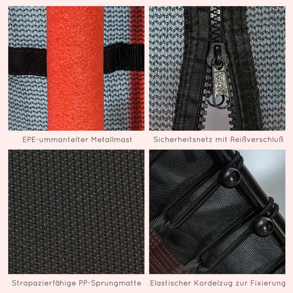 Trampolin Details: EPE-ummantelter Metallmast, Sicherheitsnetz mit Reißverschluss, strapazierfähige PP-Sprungmatte und elastischer Kordelzug zur Fixierung.