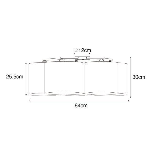 Maßzeichnung Deckenleuchte: Breite 84 Zentimeter, Höhe 30 Zentimeter, Schirmhöhe 25,5 Zentimeter, Durchmesser Baldachin 12 Zentimeter.