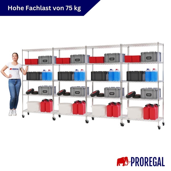 Vierteiliges Gitterregal auf Rollen mit 75 Kilogramm Fachlast pro Boden, organisiert mit Boxen und Kanistern, Proregal Logo.
