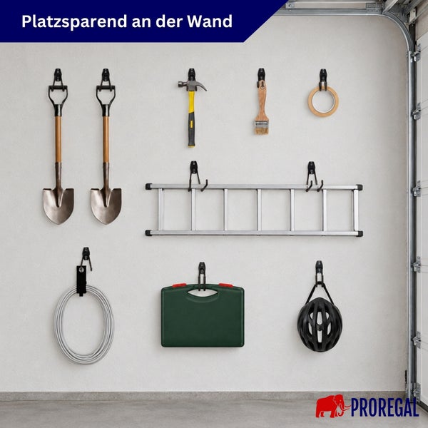 Wandhaken zur platzsparenden Werkzeugaufbewahrung mit Schaufeln, Leiter, Werkzeugkoffer und Helm in einer Garage. Proregal Logo.