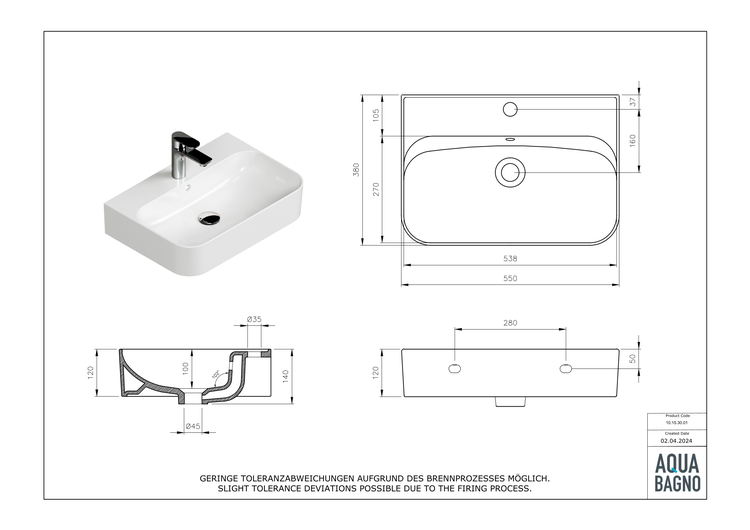 Aqua Bagno You Aufsatzwaschbecken 10.15.30.01 – 55 x 38 cm – Weiß Hochglanz – Keramikbecken mit Hahnloch & Überlauf