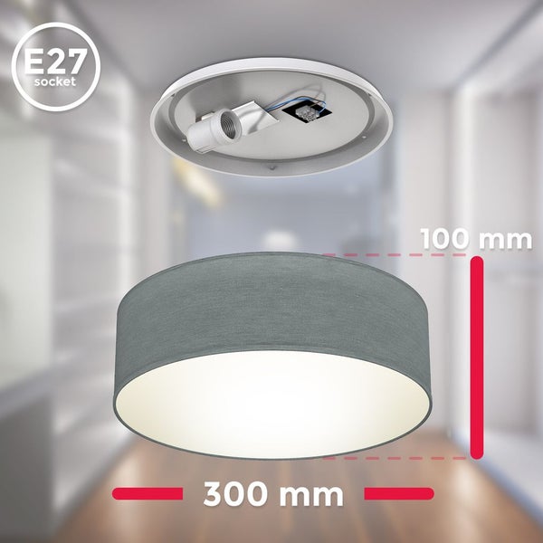 Deckenleuchte Ø30 cm - Stoffschirm, E27 Fassung, 1-flammig, grau