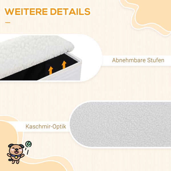 PawHut Haustiertreppe Katzentreppe Hundetreppe Faltbar 3 Stufen Tiertreppe mit Stauraum für Katzen und Hunde MDF Weiß 40 x 54 x 48 cm