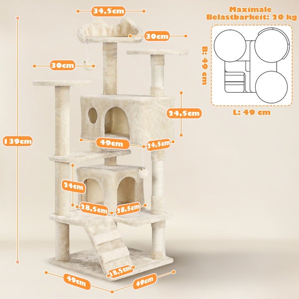 Kratzbaum mit Liegeflächen, Höhlen und Spielzeug mit Maßangaben