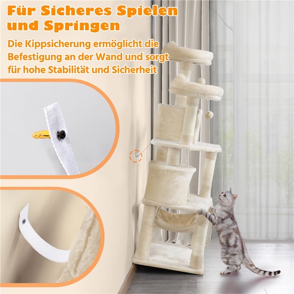 Beiger Katzenkratzbaum mit Kippsicherung und Katze