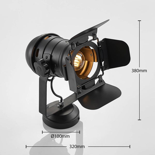 Schwarze Bühnenlampe mit verstellbaren Klappen und den Maßen 380 x 320 x 100 Millimeter.